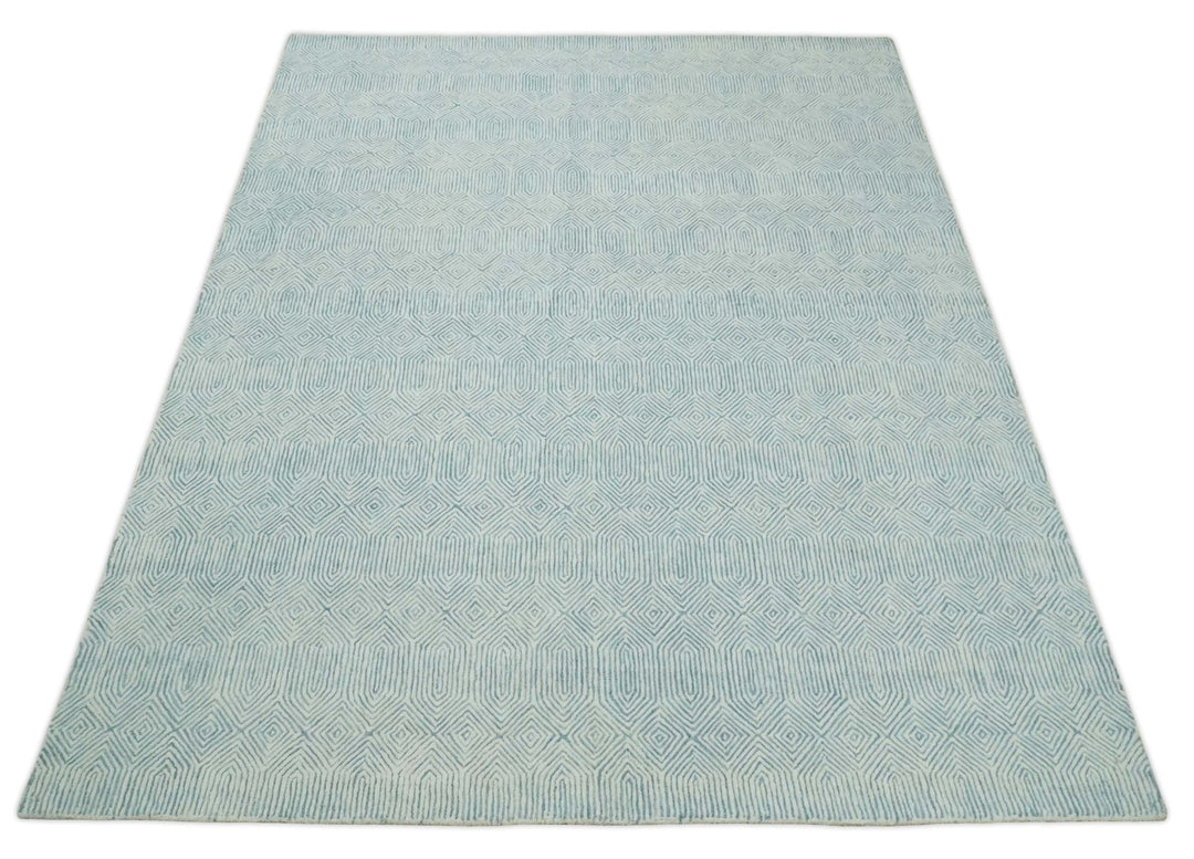 Quick Ship Teal And Ivory Modern Contemporary Hand Tufted 5x8 Wool Rug - The Rug Decor