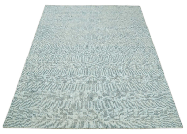 Quick Ship Teal And Ivory Modern Contemporary Hand Tufted 5x8 Wool Rug - The Rug Decor