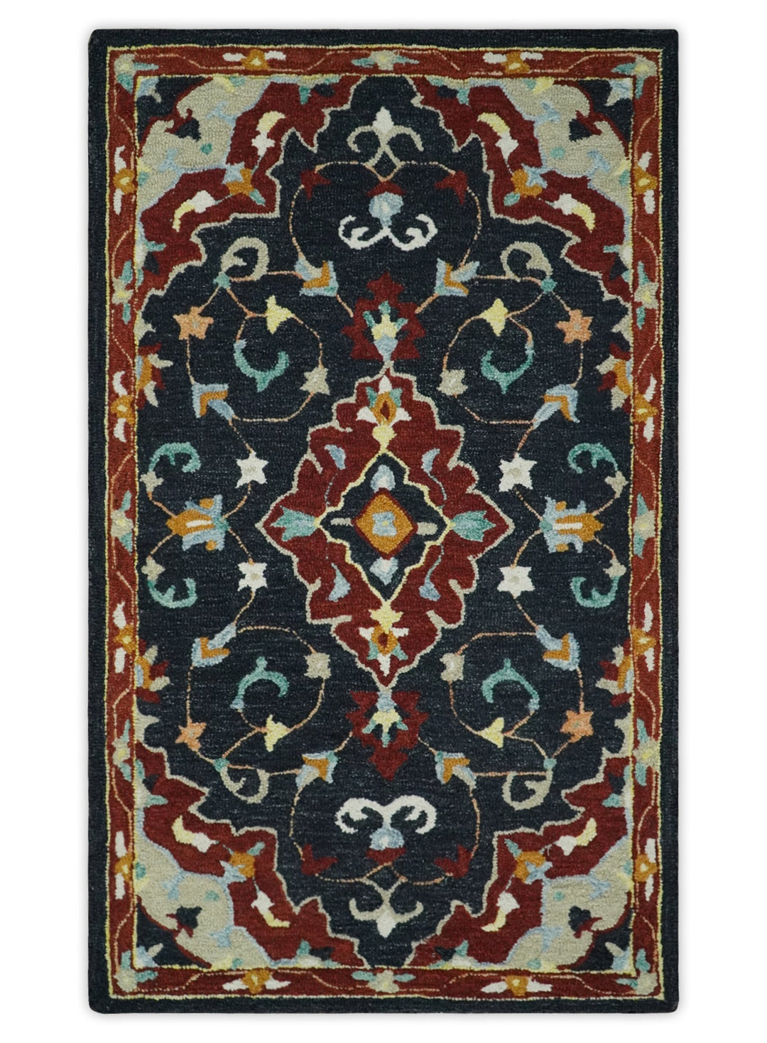 Quick Ship Traditional Charcoal And Maroon Hand Tufted 3x5 Wool Rug - The Rug Decor
