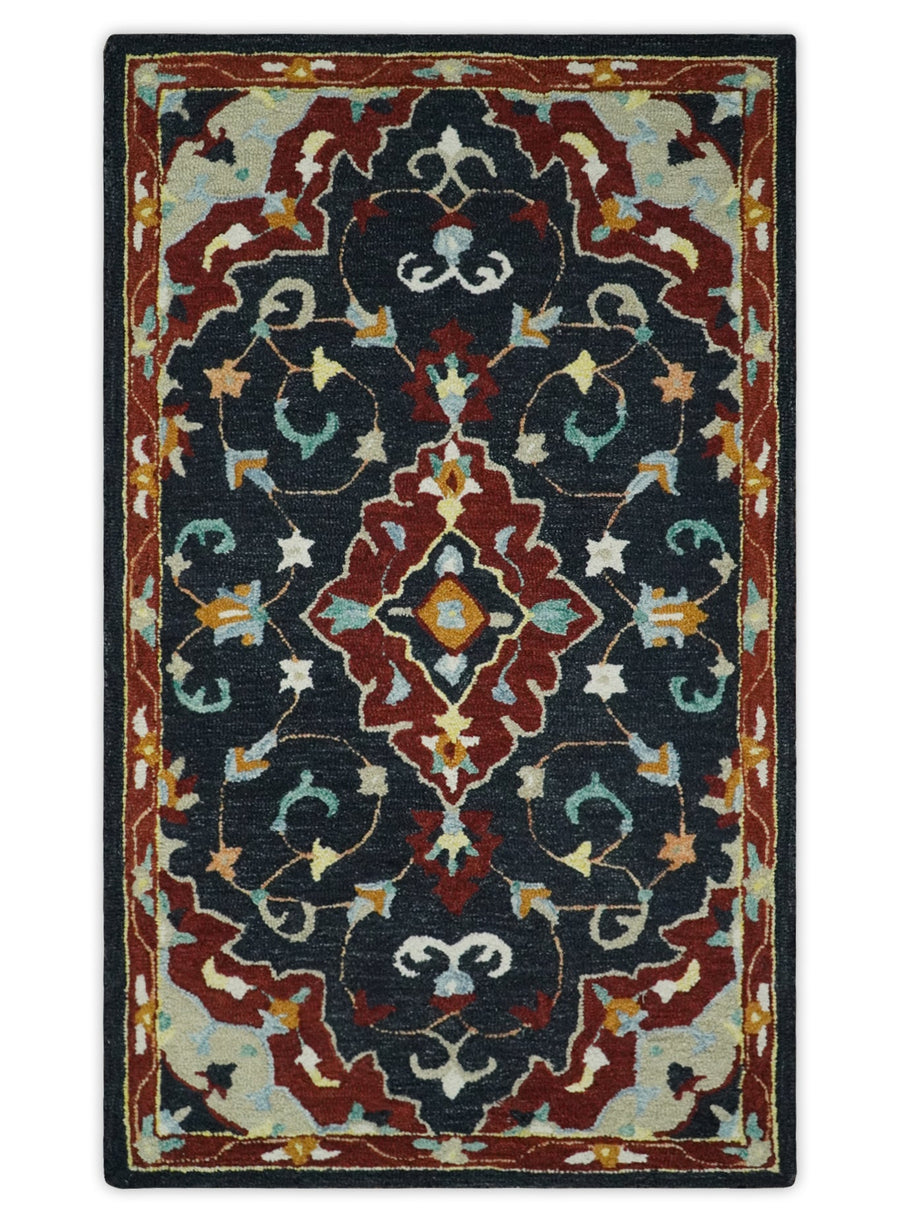 Quick Ship Traditional Charcoal And Maroon Hand Tufted 3x5 Wool Rug - The Rug Decor