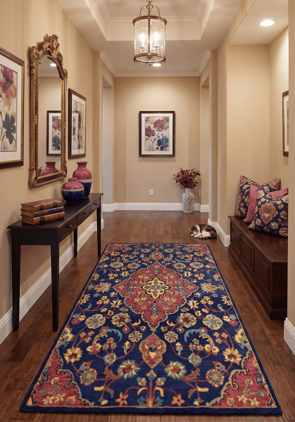 Quick Ship Traditional Design Red And Blue Hand Tufted 5x8 Wool Rug - The Rug Decor