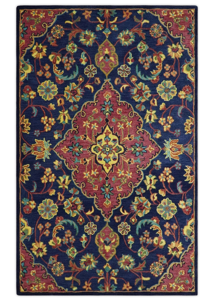 Quick Ship Traditional Design Red And Blue Hand Tufted 5x8 Wool Rug - The Rug Decor