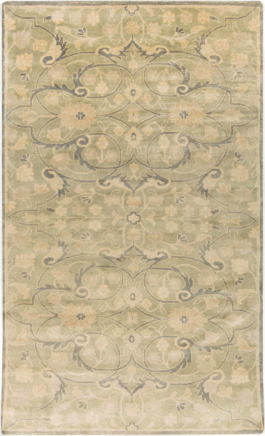 Beige traditional wool area rug with ornate floral medallion pattern and thin border