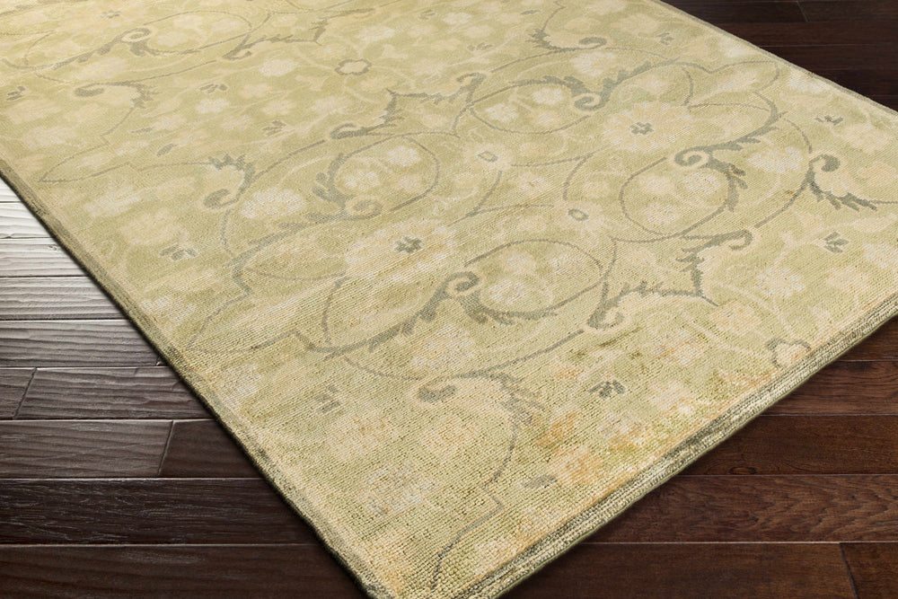 Beige traditional wool rug with ornate scrolling pattern and corner border detail