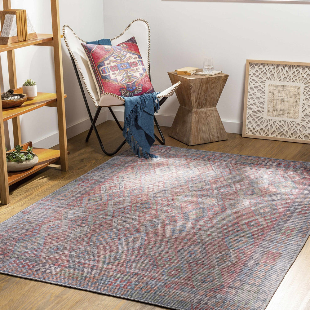 Ranao Modern Geometrical Design Red And Blue Washable Area Rug - The Rug Decor