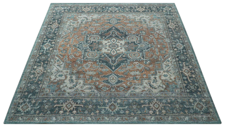 Ready to Ship 10x10 Square Distressed Brown And Gray Hand Knotted Wool Rug - The Rug Decor