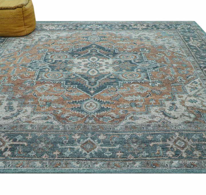 Ready to Ship 10x10 Square Distressed Brown And Gray Hand Knotted Wool Rug - The Rug Decor