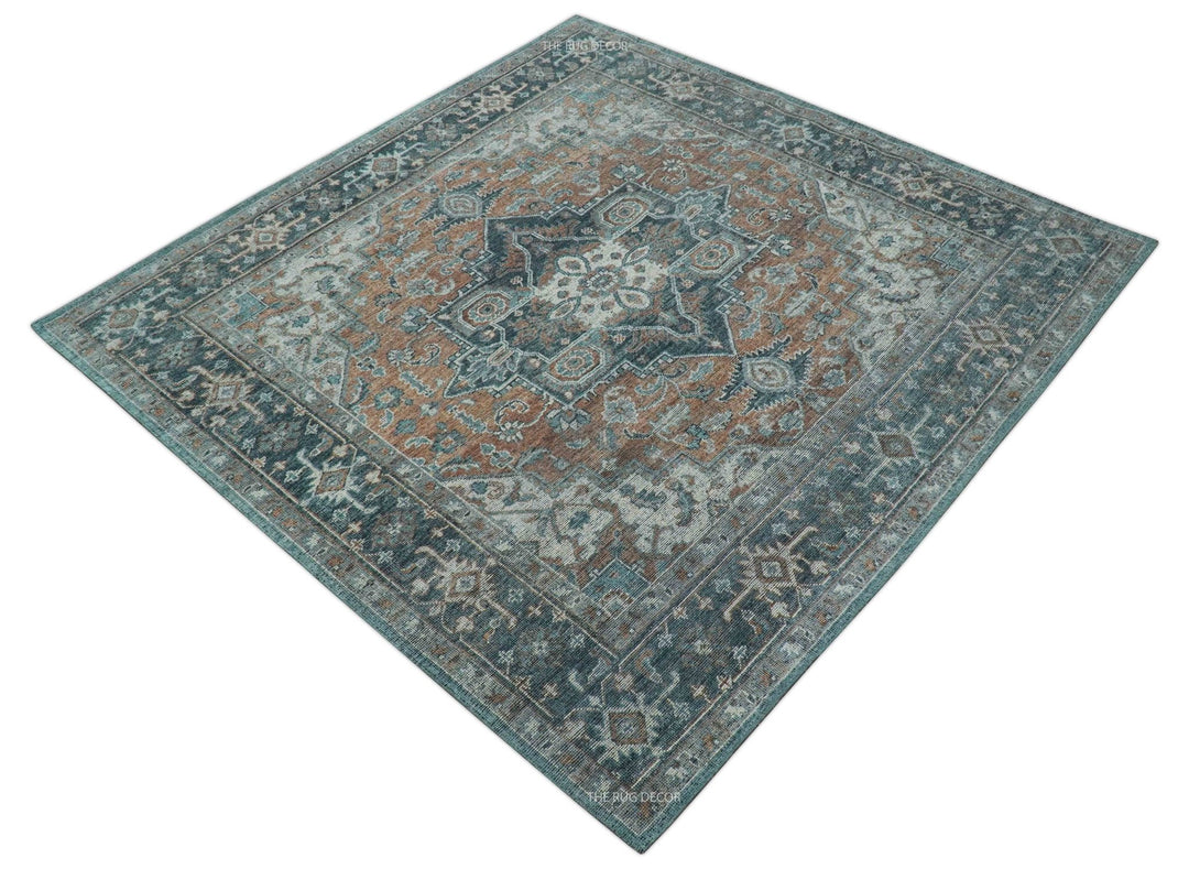 Ready to Ship 10x10 Square Distressed Brown And Gray Hand Knotted Wool Rug - The Rug Decor