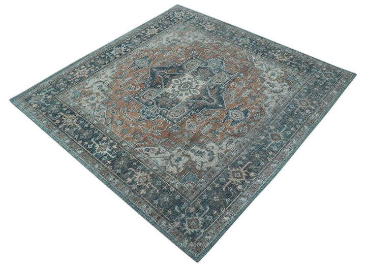 Ready to Ship 10x10 Square Distressed Brown And Gray Hand Knotted Wool Rug - The Rug Decor