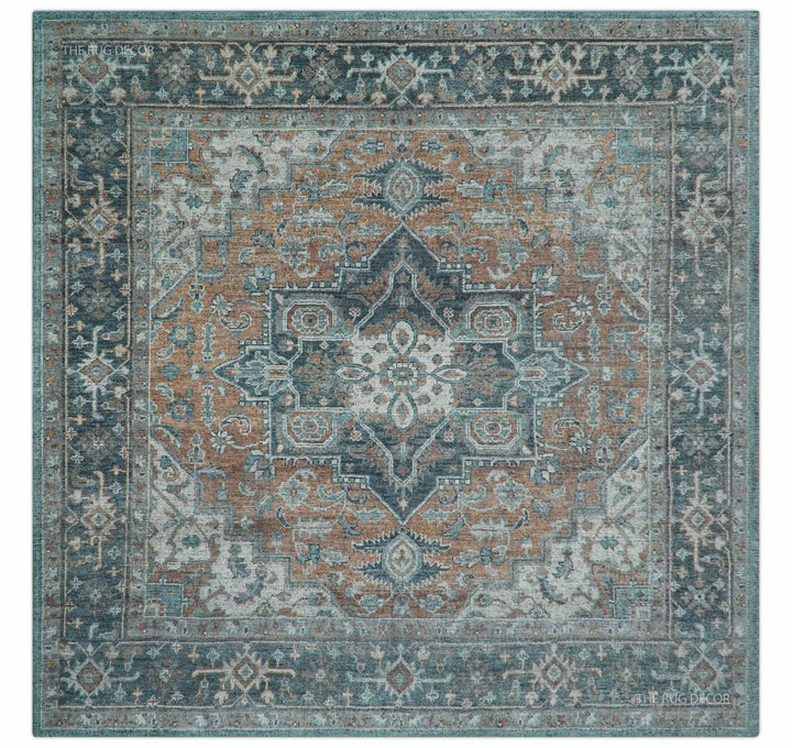 Ready to Ship 10x10 Square Distressed Brown And Gray Hand Knotted Wool Rug - The Rug Decor