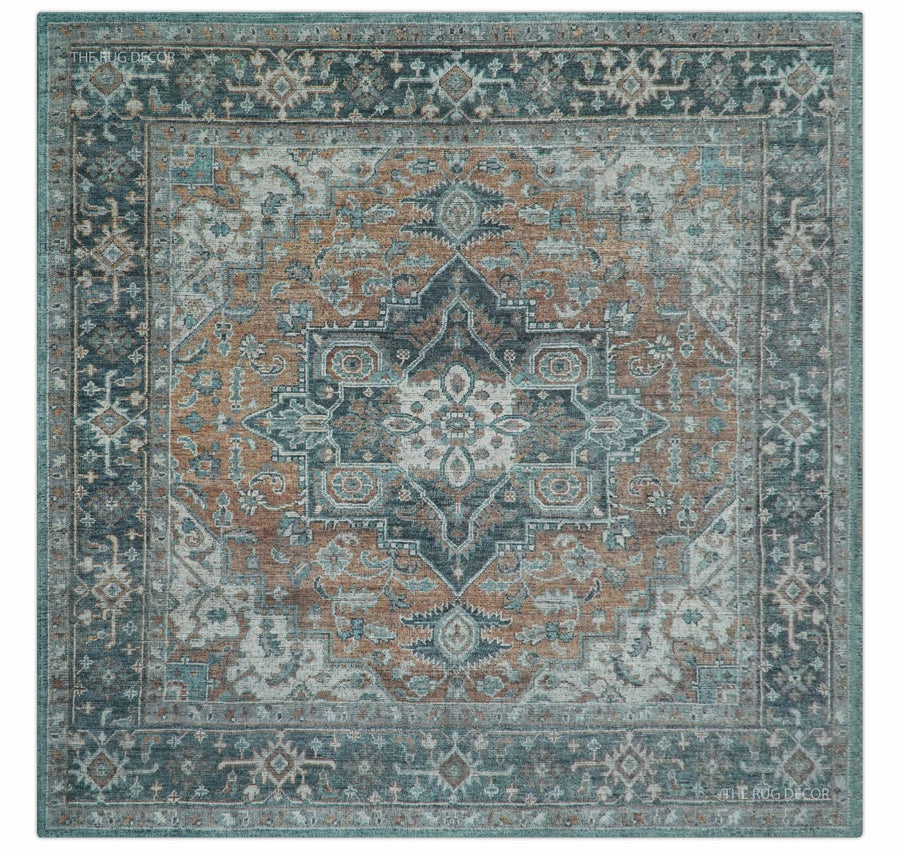 Ready to Ship 10x10 Square Distressed Brown And Gray Hand Knotted Wool Rug - The Rug Decor