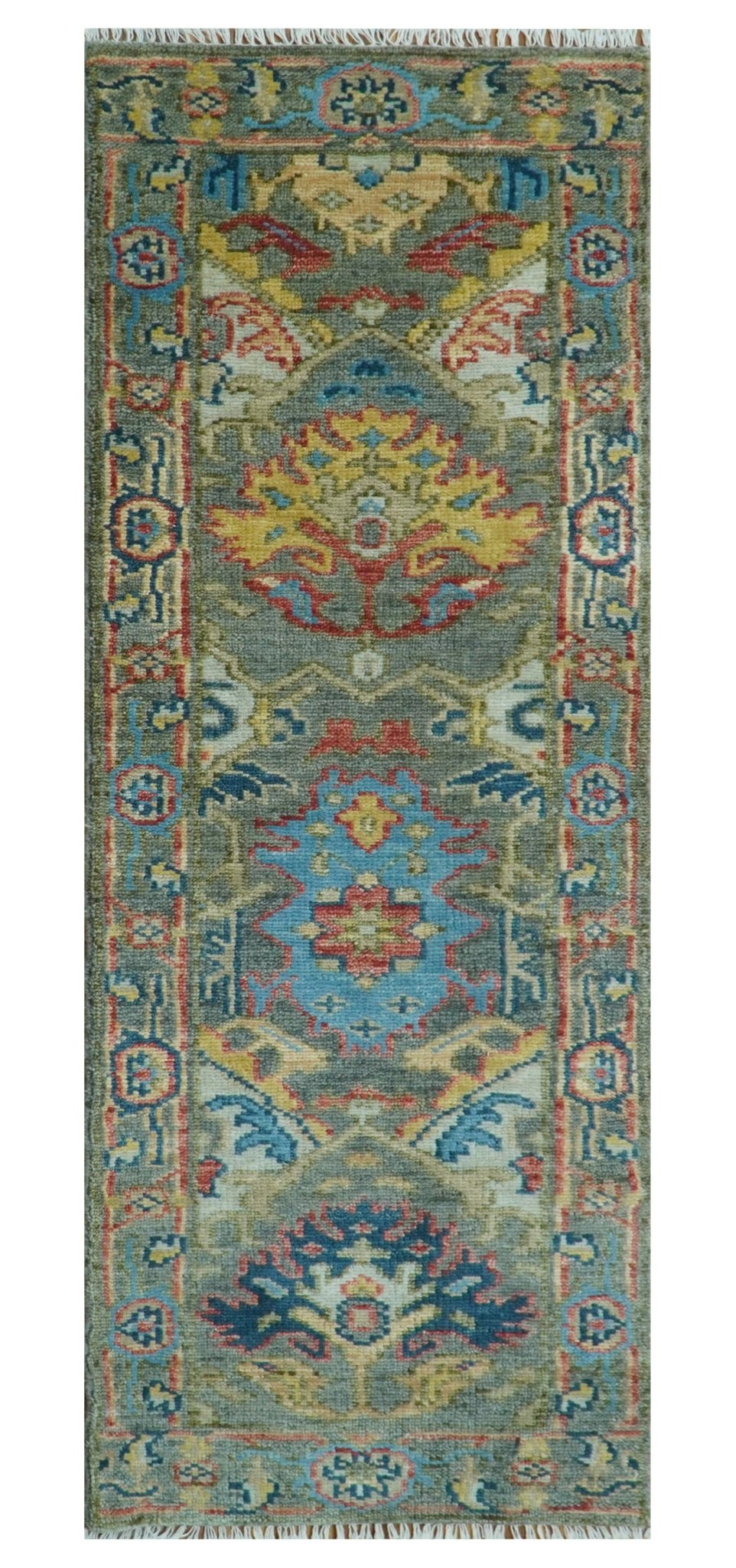 Ready to Ship 2.6x8 Oushak Charcoal and Blue Hand Knotted Wool Area Rug - The Rug Decor
