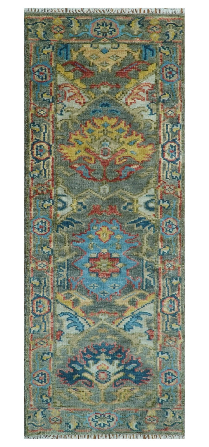 Ready to Ship 2.6x8 Oushak Charcoal and Blue Hand Knotted Wool Area Rug - The Rug Decor