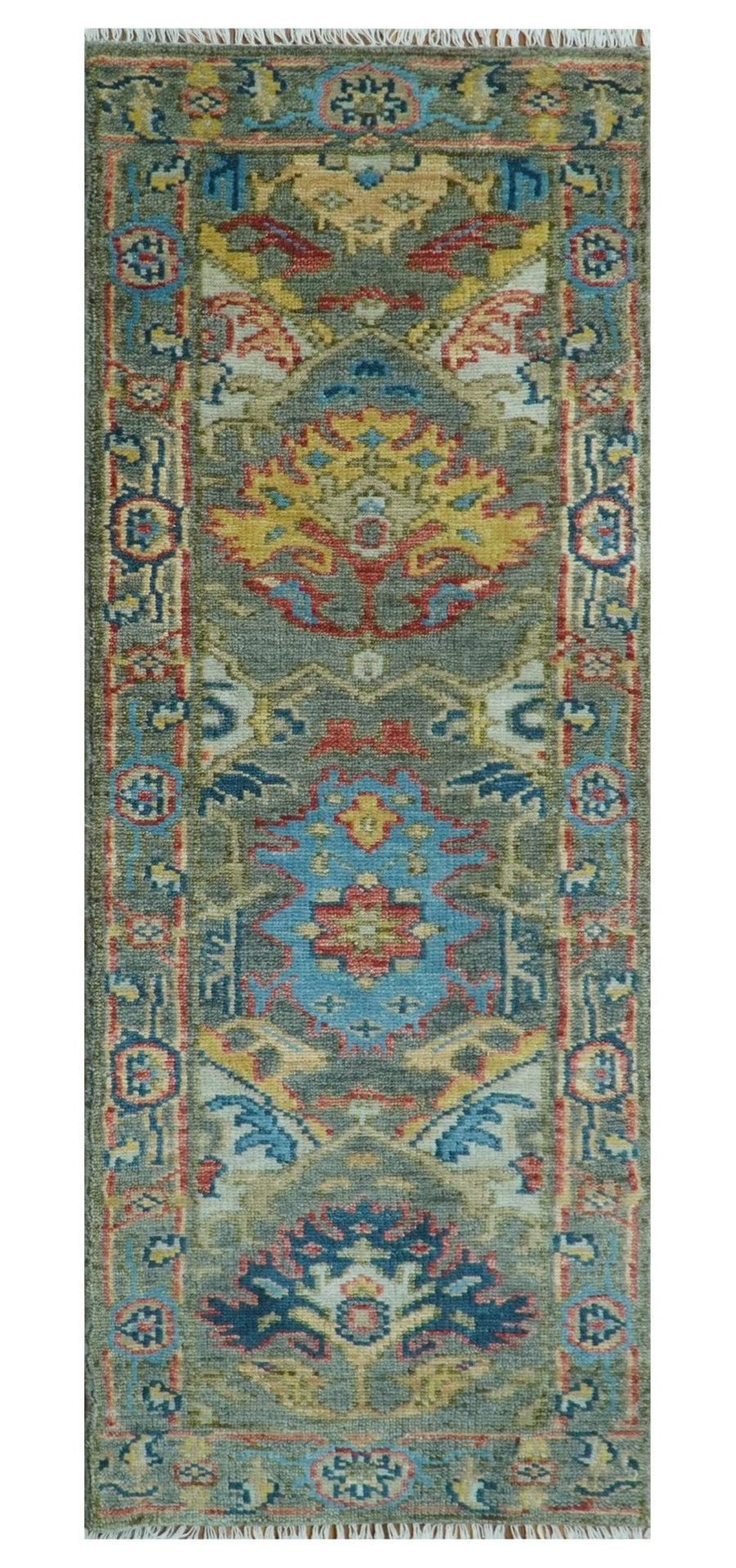 Ready to Ship 2.6x8 Oushak Charcoal and Blue Hand Knotted Wool Area Rug - The Rug Decor