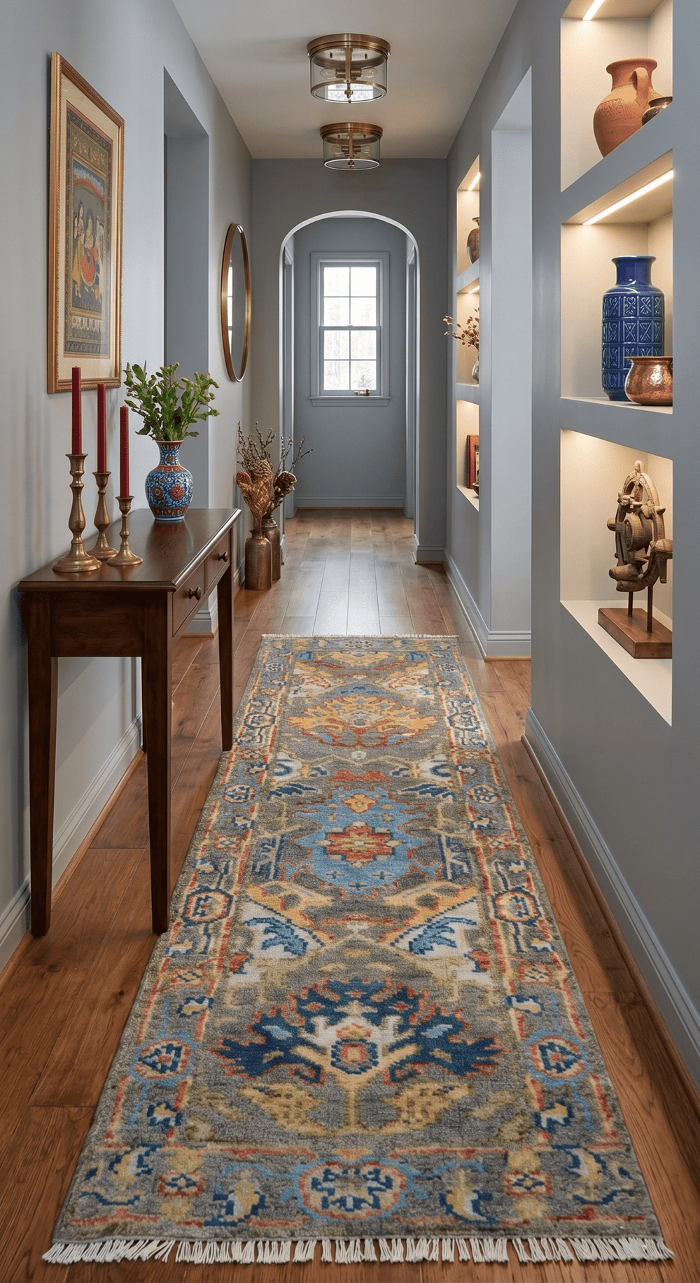 Ready to Ship 2.6x8 Oushak Charcoal and Blue Hand Knotted Wool Area Rug - The Rug Decor