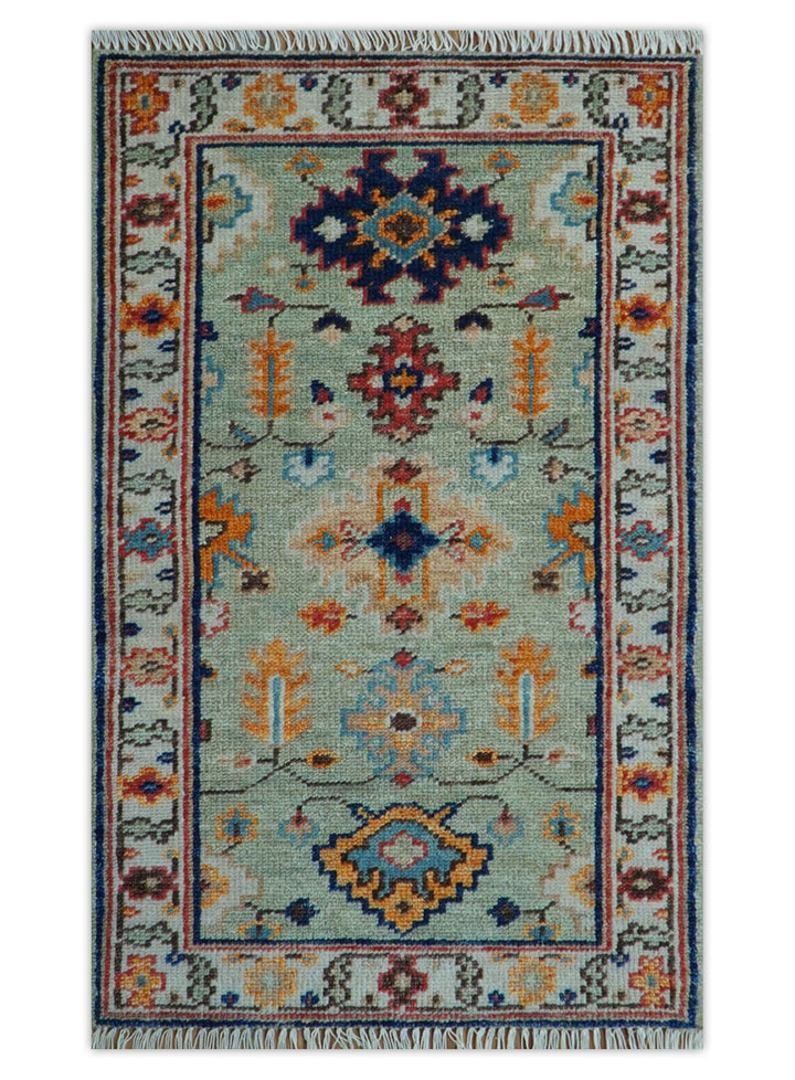 Ready to Ship 3x5 Antique Green and Ivory Traditional Hand knotted Wool Rug - The Rug Decor