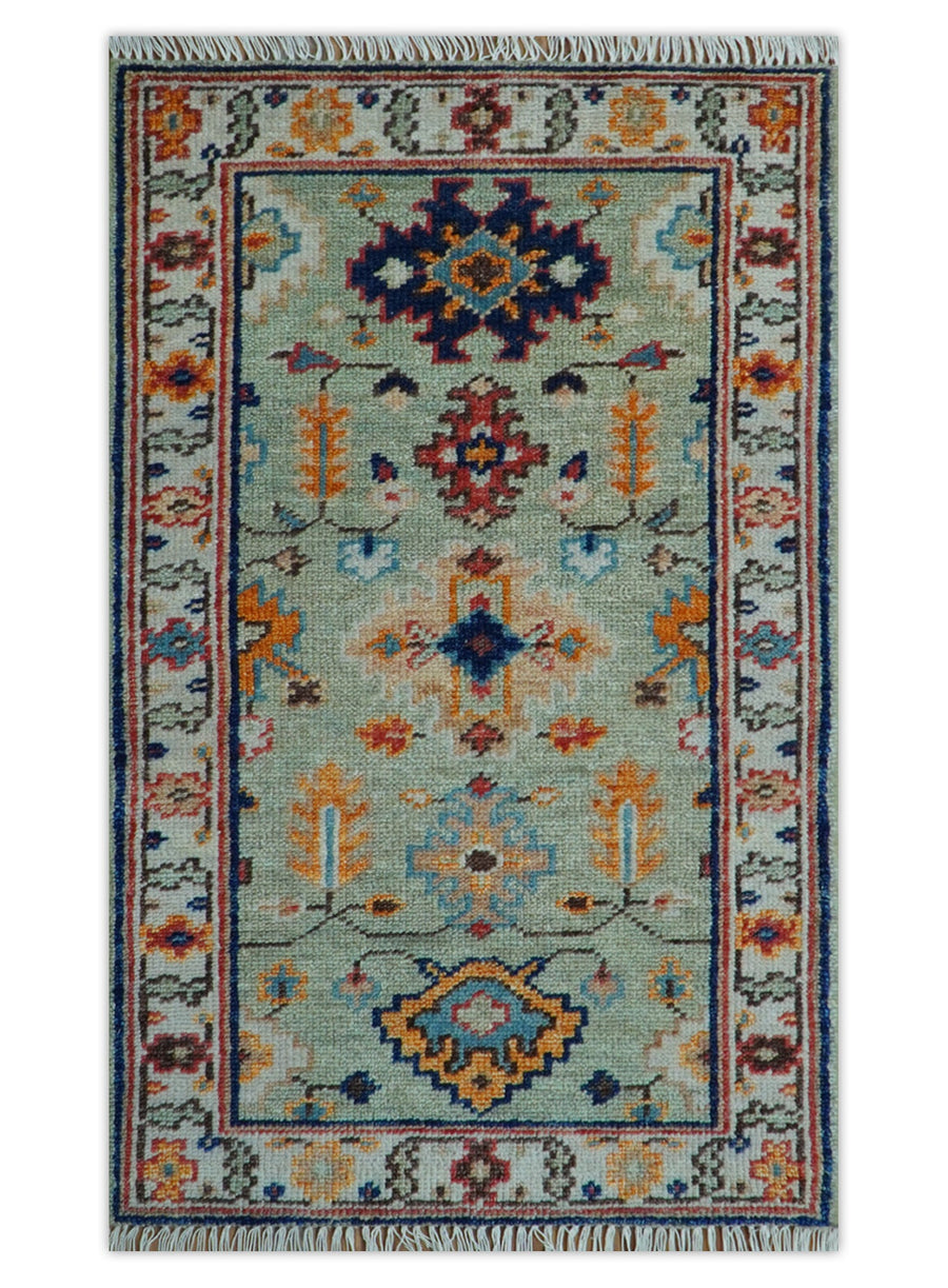 Ready to Ship 3x5 Antique Green and Ivory Traditional Hand knotted Wool Rug - The Rug Decor