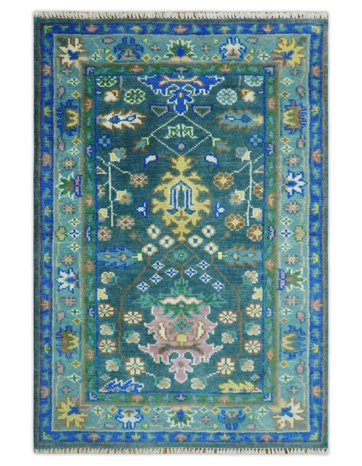 Ready to Ship 4x6 Hand Knotted Green and Blue Turkish Design Wool Rug - The Rug Decor