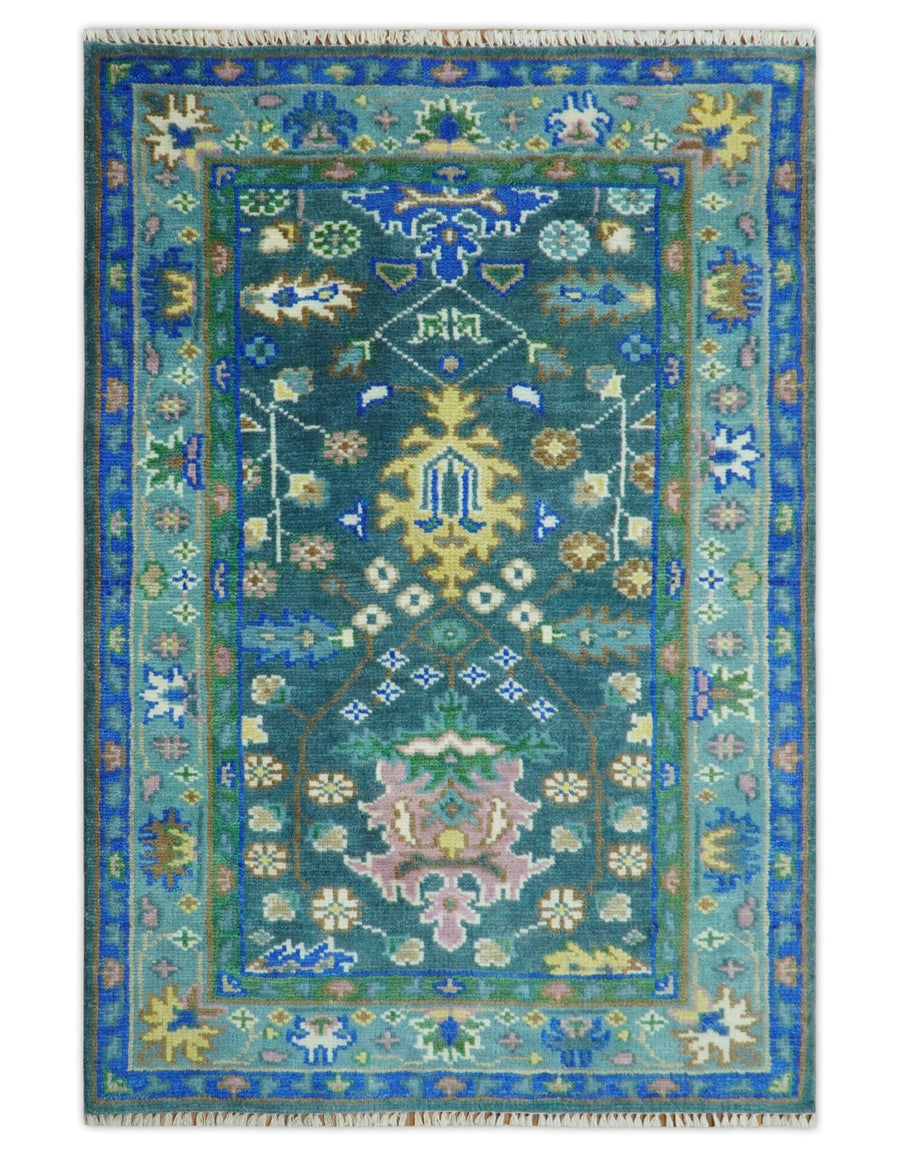 Ready to Ship 4x6 Hand Knotted Green and Blue Turkish Design Wool Rug - The Rug Decor