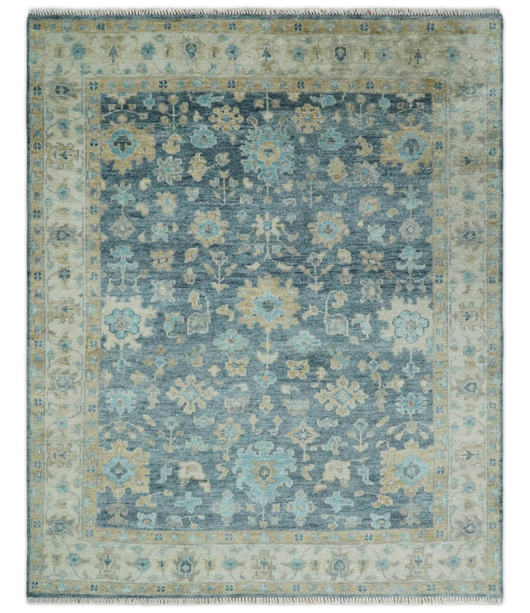 Ready to Ship 4x6 Teal And Beige Hand Knotted Oushak Wool Rug - The Rug Decor