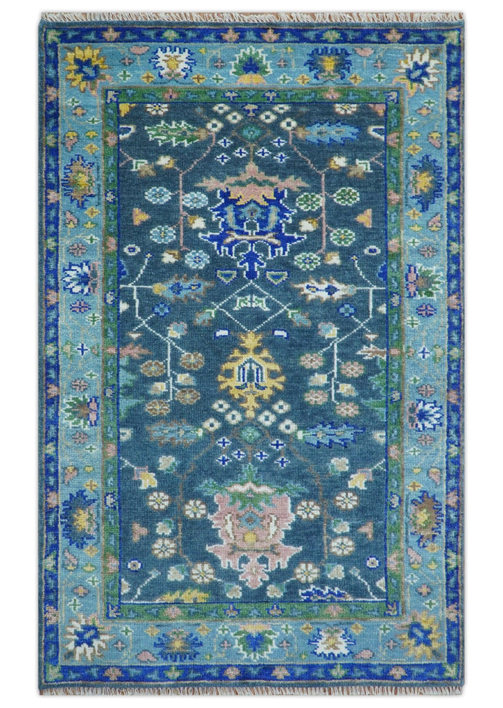 Ready to Ship 5x8 Hand Knotted Green and Blue Turkish Design Wool Rug - The Rug Decor