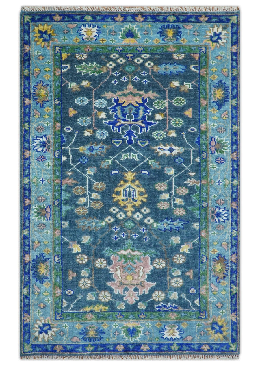 Ready to Ship 5x8 Hand Knotted Green and Blue Turkish Design Wool Rug - The Rug Decor