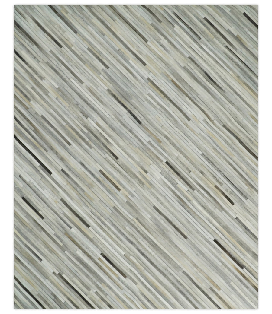 Ready to Ship 5x8 Handmade Modern Beige and Silver Leather Rug - The Rug Decor