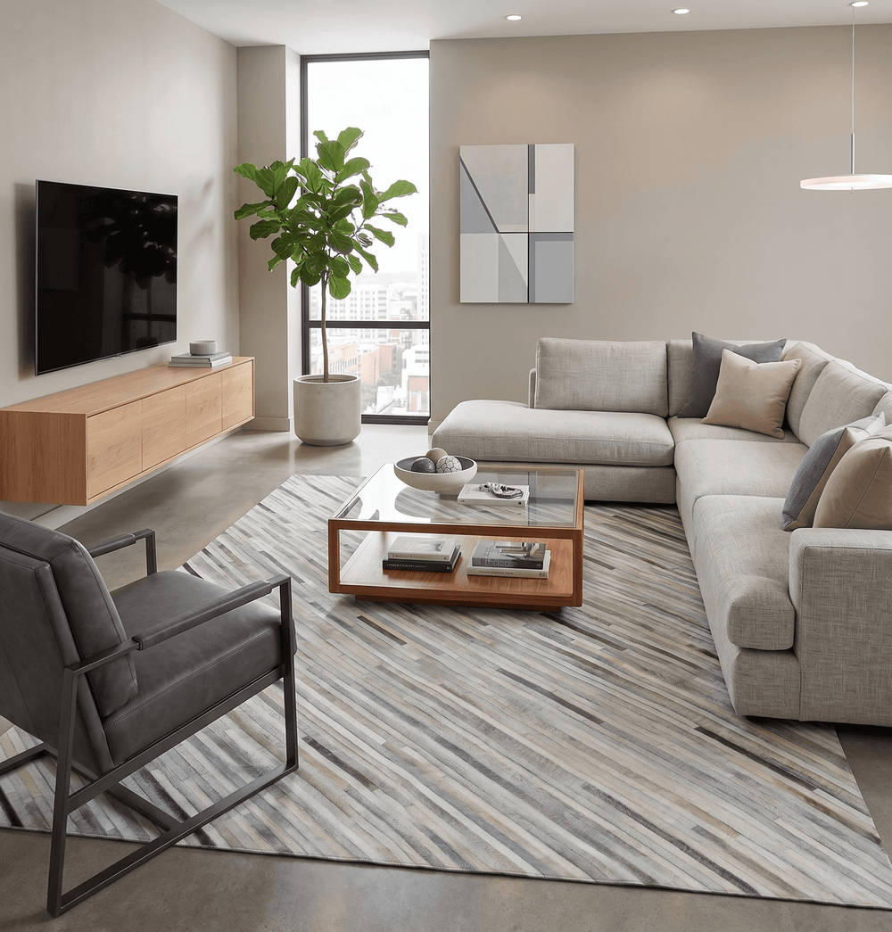 Ready to Ship 5x8 Handmade Modern Beige and Silver Leather Rug - The Rug Decor