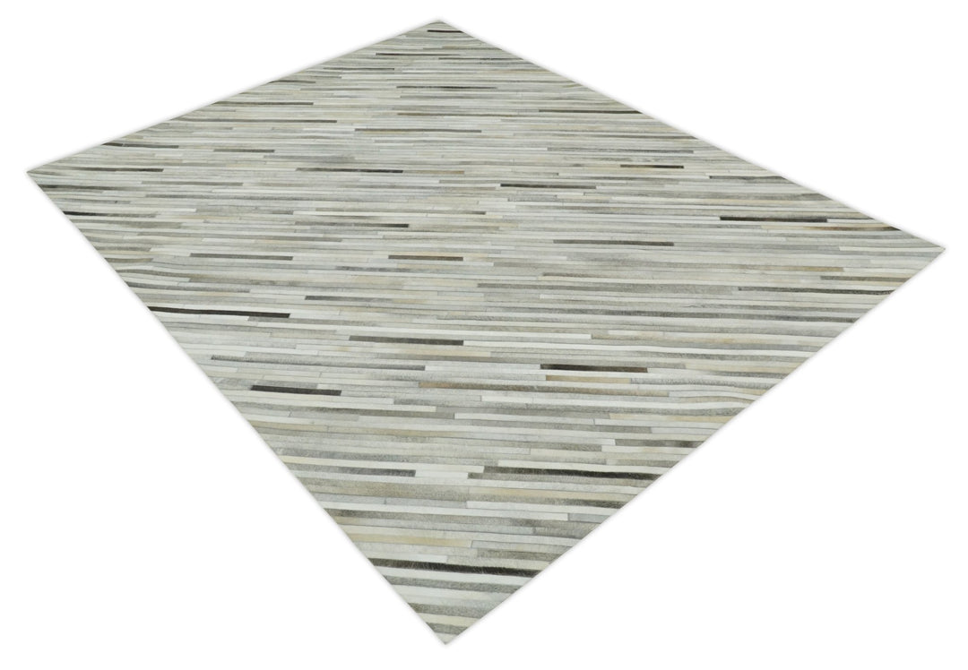 Ready to Ship 5x8 Handmade Modern Beige and Silver Leather Rug - The Rug Decor