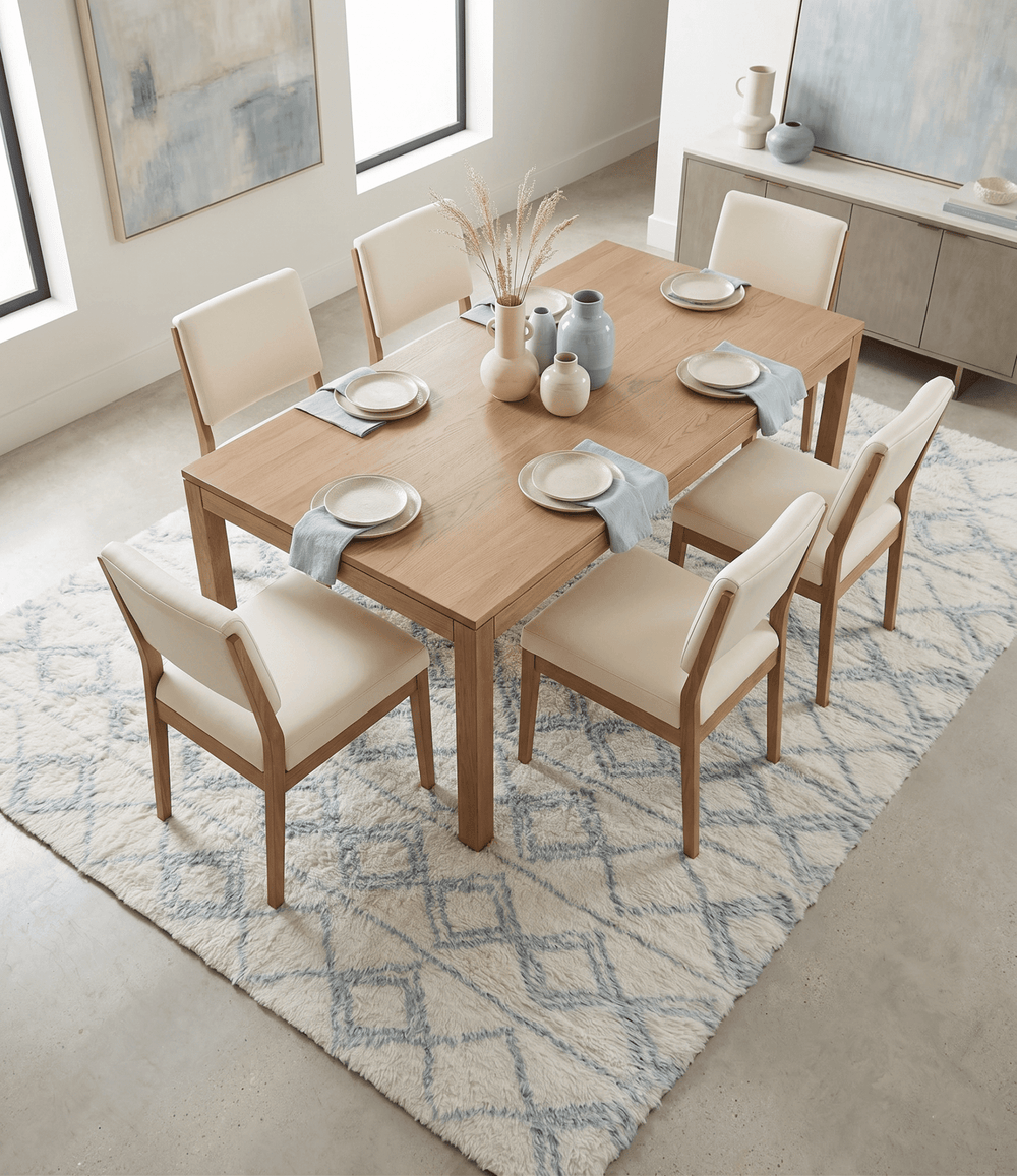 Ready to Ship 5x8 Modern Ivory and Blue Moroccan Wool Rug - The Rug Decor