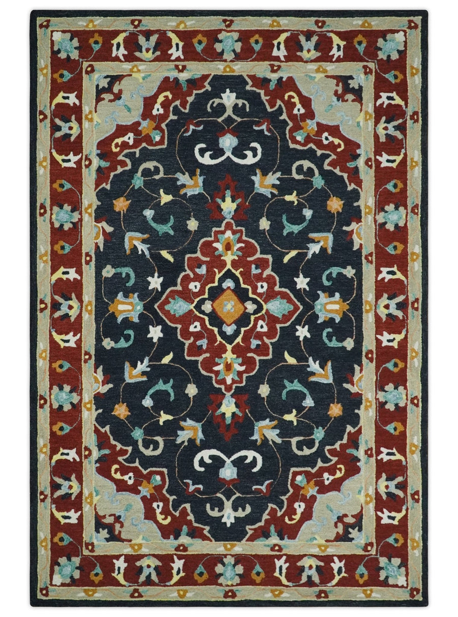 Ready to Ship 6x9 Traditional Charcoal And Maroon Hand Tufted Wool Rug - The Rug Decor