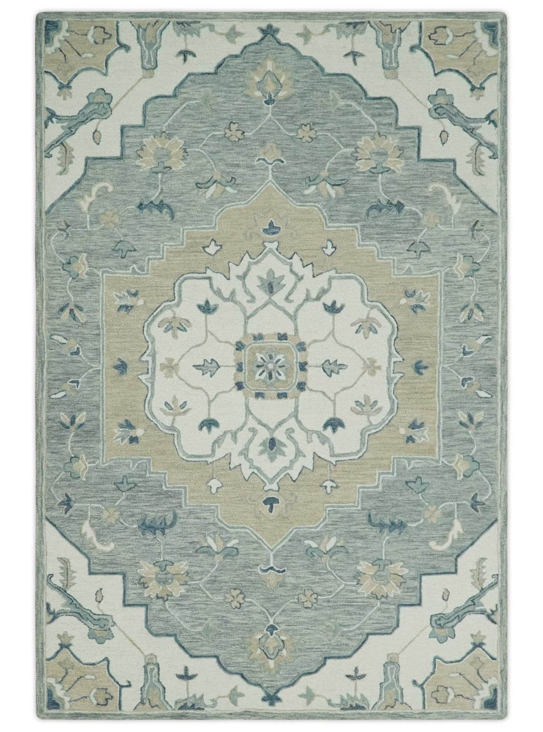 Ready to Ship 6x9 Traditional Ivory And Blue Hand Tufted Wool Rug - The Rug Decor