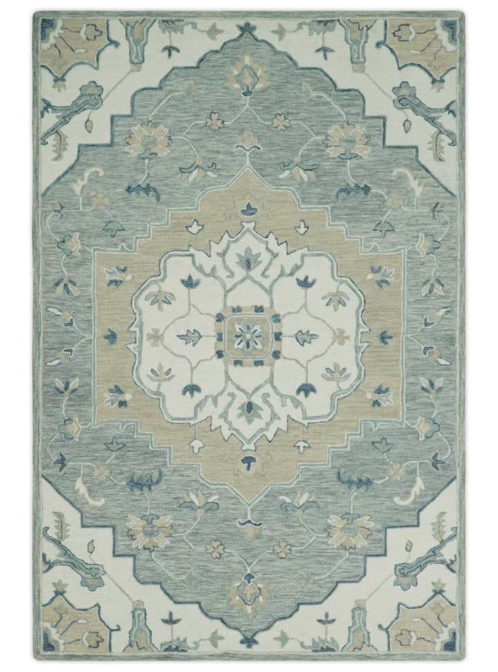 Ready to Ship 6x9 Traditional Ivory And Blue Hand Tufted Wool Rug - The Rug Decor