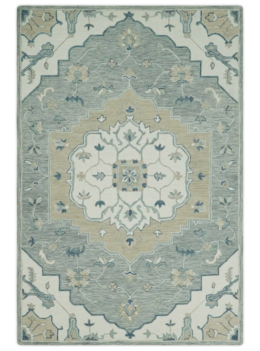 Ready to Ship 6x9 Traditional Ivory And Blue Hand Tufted Wool Rug - The Rug Decor