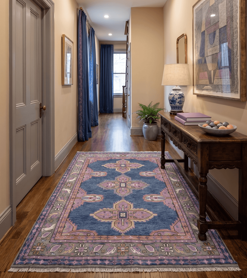Ready to Ship 7x9 Pink And Blue Hand Knotted Wool Rug - The Rug Decor