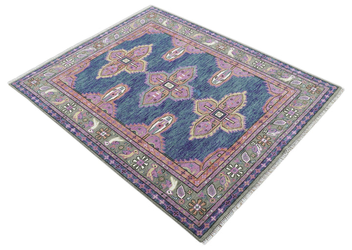 Ready to Ship 7x9 Pink And Blue Hand Knotted Wool Rug - The Rug Decor