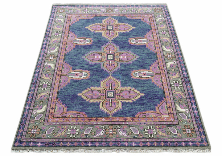 Ready to Ship 7x9 Pink And Blue Hand Knotted Wool Rug - The Rug Decor