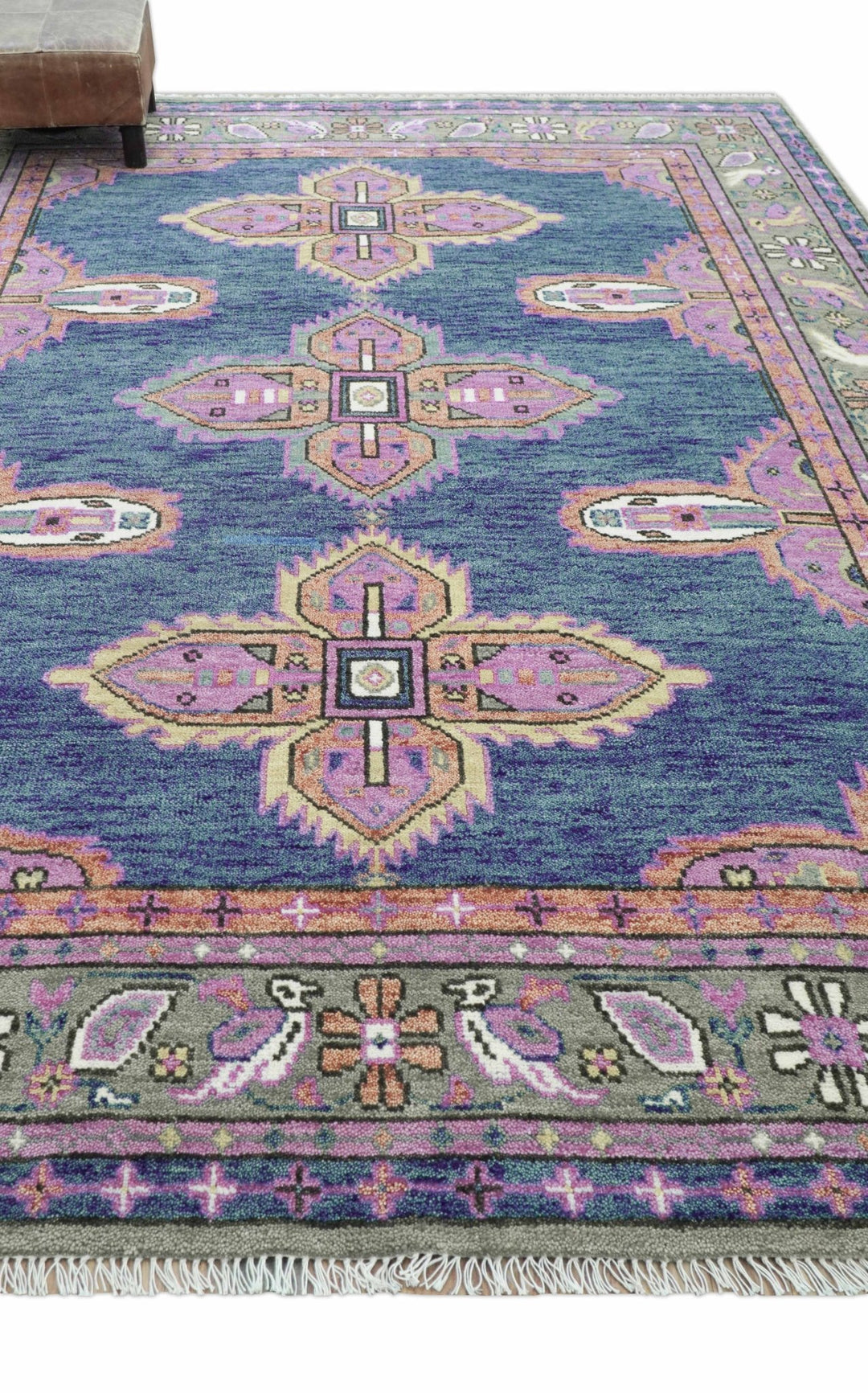 Ready to Ship 7x9 Pink And Blue Hand Knotted Wool Rug - The Rug Decor