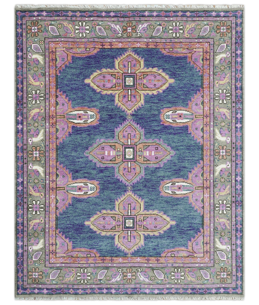 Ready to Ship 7x9 Pink And Blue Hand Knotted Wool Rug - The Rug Decor