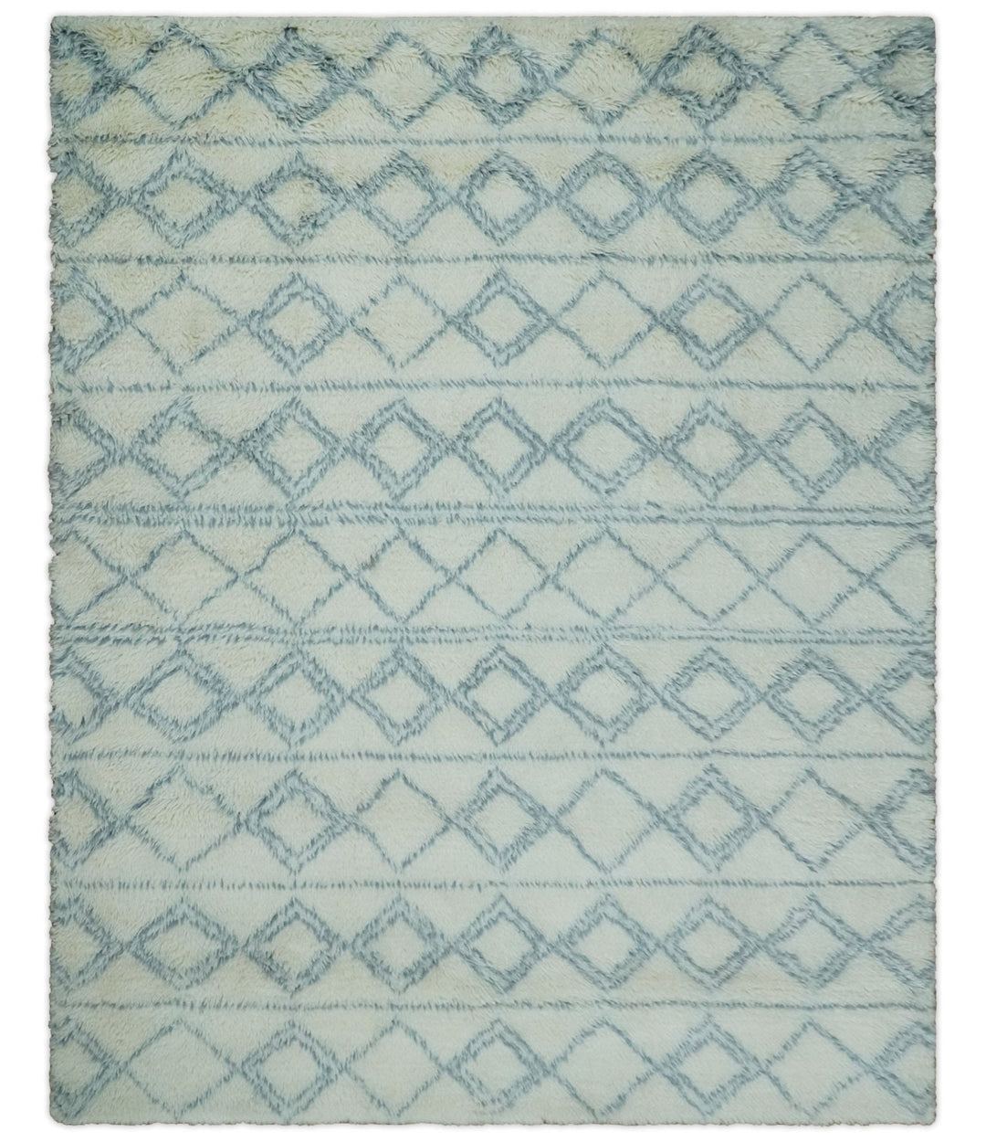 Ready to Ship 8x10 Modern Ivory and Blue Moroccan Wool Rug - The Rug Decor