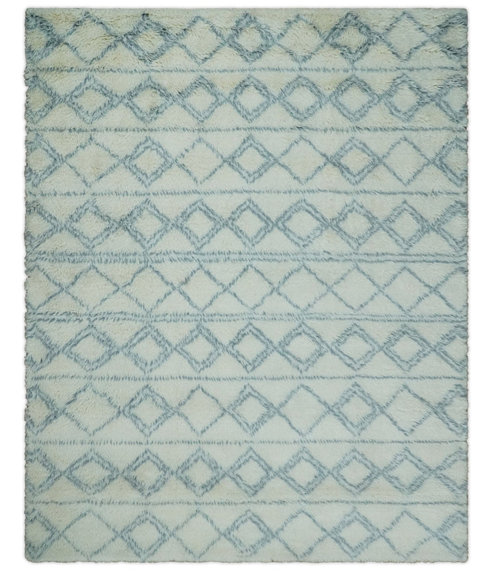 Ready to Ship 8x10 Modern Ivory and Blue Moroccan Wool Rug - The Rug Decor