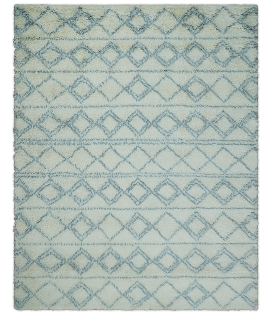 Ready to Ship 8x10 Modern Ivory and Blue Moroccan Wool Rug - The Rug Decor