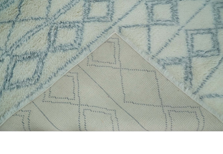 Ready to Ship 8x10 Modern Ivory and Blue Moroccan Wool Rug - The Rug Decor
