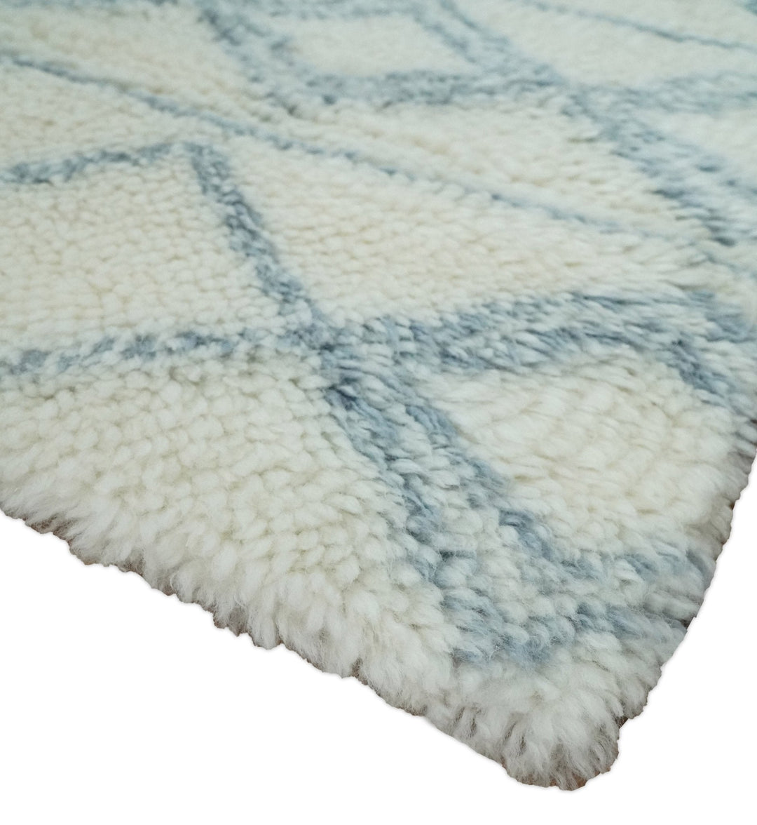 Ready to Ship 8x10 Modern Ivory and Blue Moroccan Wool Rug - The Rug Decor