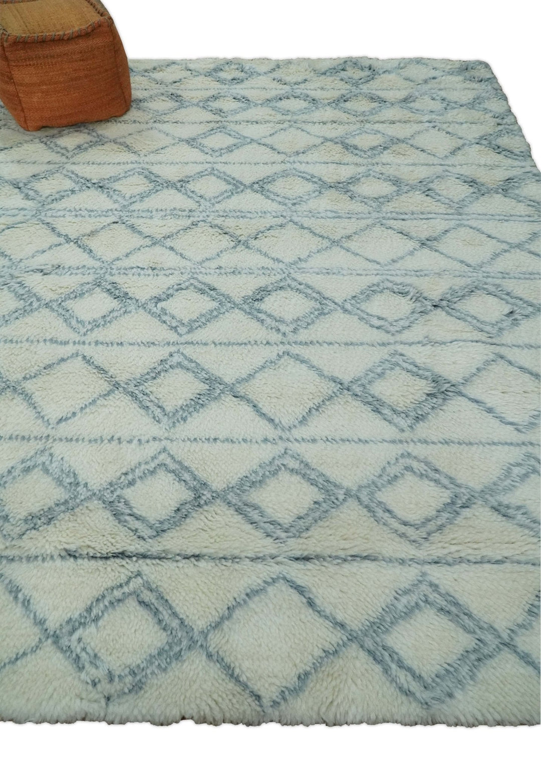 Ready to Ship 8x10 Modern Ivory and Blue Moroccan Wool Rug - The Rug Decor