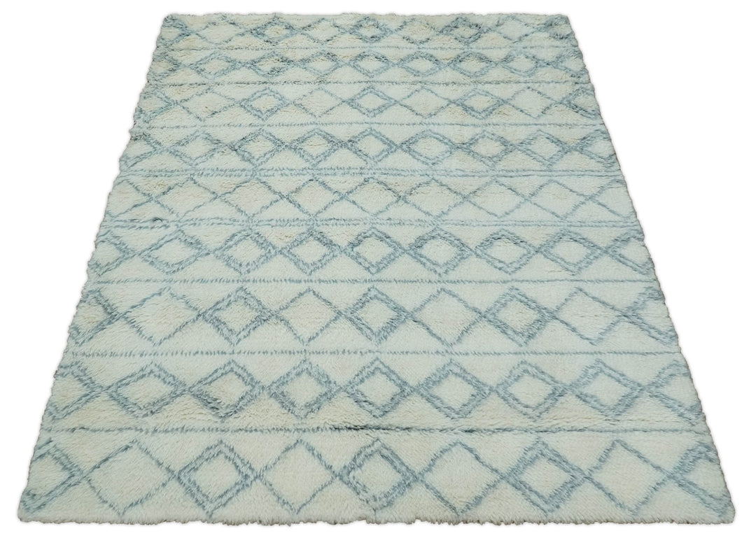 Ready to Ship 8x10 Modern Ivory and Blue Moroccan Wool Rug - The Rug Decor
