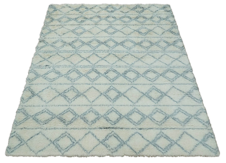 Ready to Ship 8x10 Modern Ivory and Blue Moroccan Wool Rug - The Rug Decor