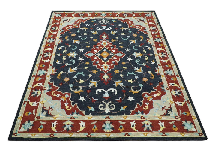 Ready to Ship 8x10 Traditional Charcoal And Maroon Hand Tufted Wool Rug - The Rug Decor