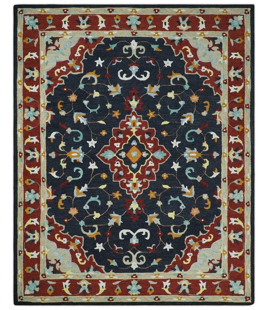 Ready to Ship 8x10 Traditional Charcoal And Maroon Hand Tufted Wool Rug - The Rug Decor