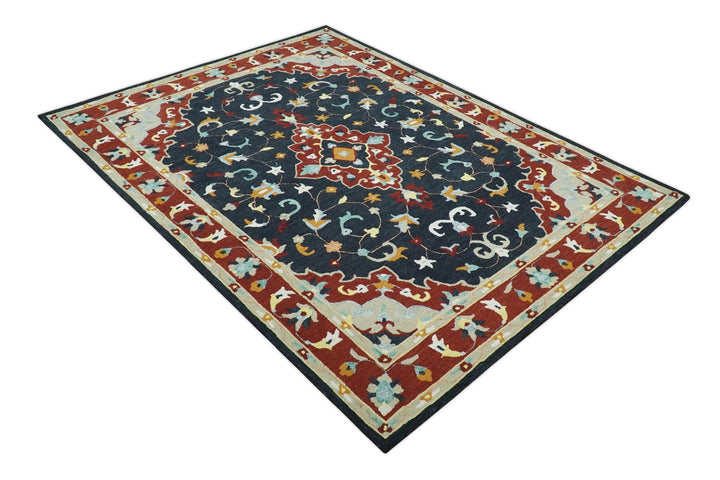 Ready to Ship 8x10 Traditional Charcoal And Maroon Hand Tufted Wool Rug - The Rug Decor